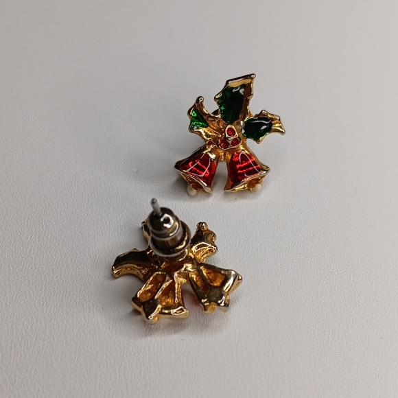 Vintage 60's Enamel Christmas Nostalgia Bells w/ Holly Earrings - Picture 2 of 2